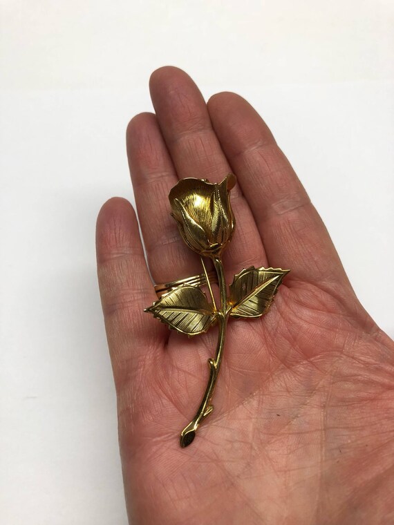 Rose Bud Pin Gold Vintage Long Stem Flower Brooch - image 3