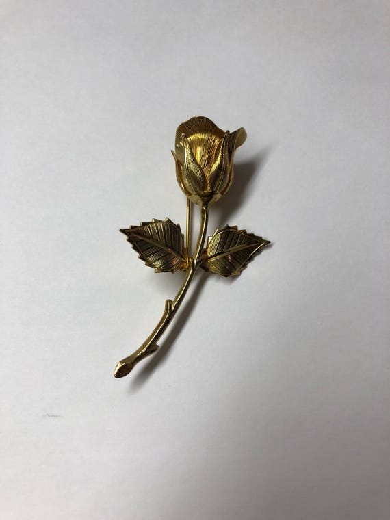 Rose Bud Pin Gold Vintage Long Stem Flower Brooch - image 7