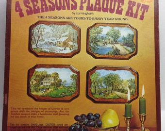 Vintage Currier and Ives Four Season Decoupage Wooden Plaques Set of 4 American Homestead Series