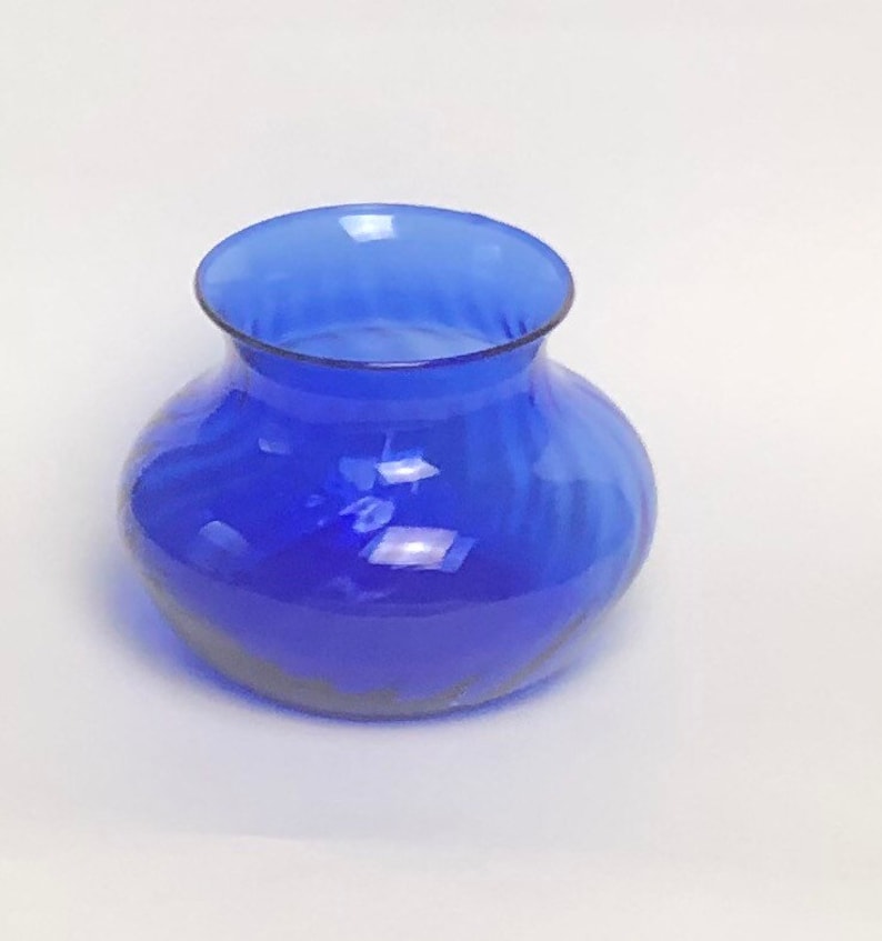 Vintage Cobalt Blue Glass Vase Swirl Design Large Mouth Glass Vase 4 inches Rare