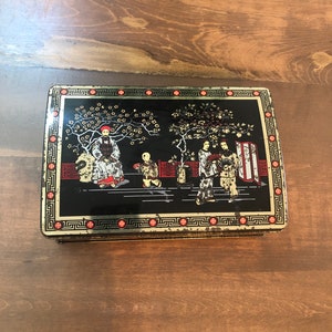 Vintage Black Metal Tea Tin Asian Chinese Geisha Girl Emperor Caddy Box