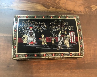 Vintage Black Metal Tea Tin Asian Chinese Geisha Girl Emperor Caddy Box