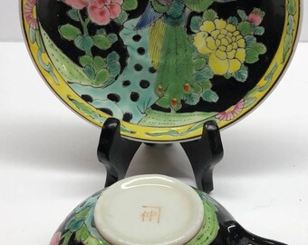 Vintage Asian Porcelain Black Millefiori Floral Eggshell Tea Cup and Saucer Peacock 14K Hand-painted