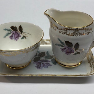 Vintage Sutherland Bone China Creamer Open Sugar Bowl And Tray Purple Sterling Roses Gold Trim