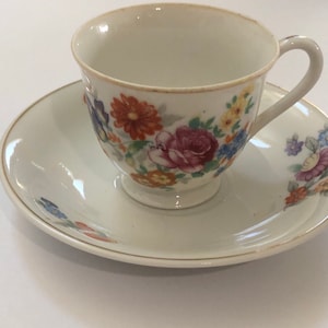 Japan Demitasse Cup And Saucer  Floral W W ll Era Red Mark