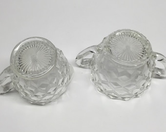 Fostoria Jeannette Glass Open Sugar bowl and Creamer pressed pattern clear glass diamond cut