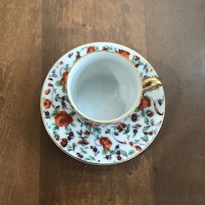 Lefton Demitasse Tea cup and Saucer English Fine Bone China White E728N Orange Rose