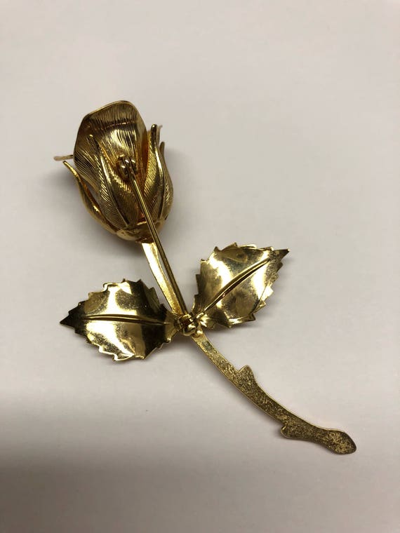 Rose Bud Pin Gold Vintage Long Stem Flower Brooch - image 4