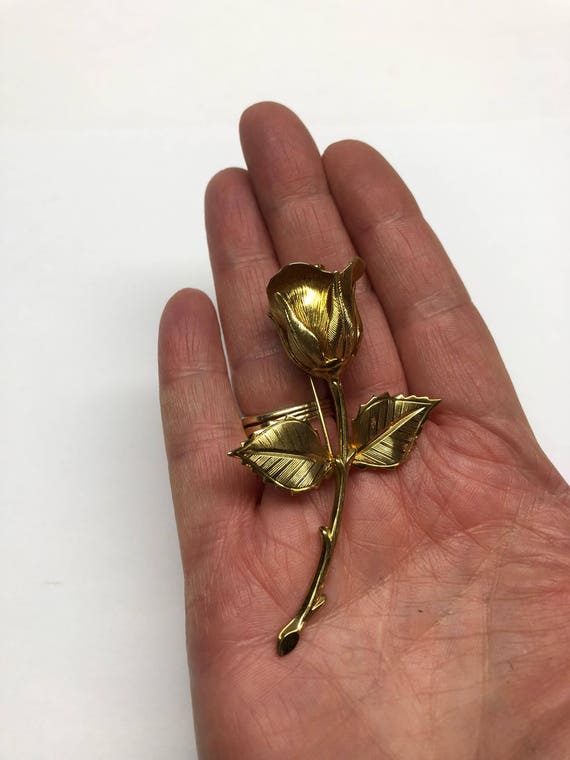 Rose Bud Pin Gold Vintage Long Stem Flower Brooch - image 9