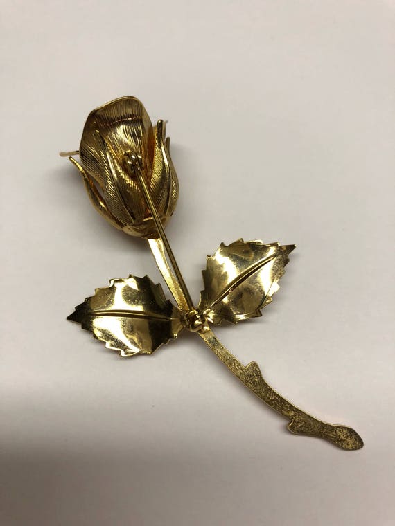 Rose Bud Pin Gold Vintage Long Stem Flower Brooch - image 5