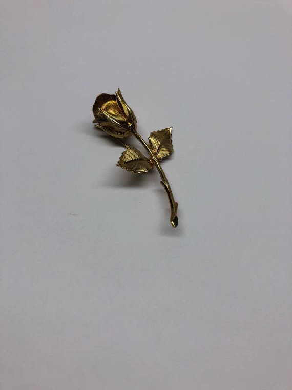 Rose Bud Pin Gold Vintage Long Stem Flower Brooch - image 6