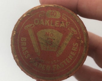 Oakleaf Brass Paper Fasteners in Original Round Box, Made in USA