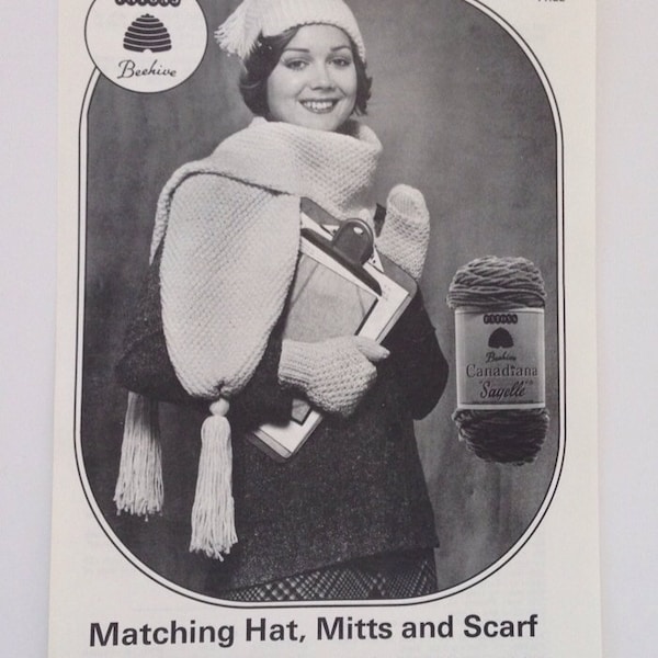 Mitten Pattern Beehive Knit Hat, Mittens and Scarf Pattern Instruction Leaflet No. 318 Patons and Baldwin Canada Advertising Gift