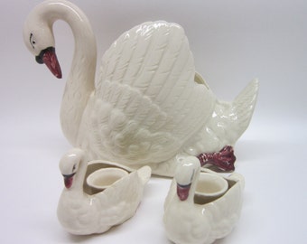 Large Swan Vase and Candle Holder Set White Marked Made in Japan Wedding Elegant Mother Swan and Babies