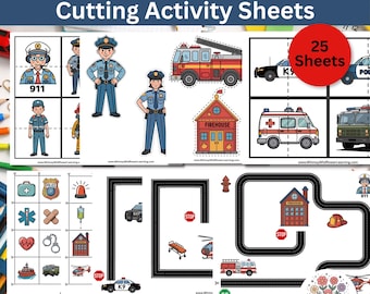 Hojas de actividades de recorte para personal de primeros auxilios, policías y bomberos: aprendizaje de la motricidad fina (descarga digital)