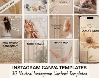 May include: A collection of 30 neutral Instagram Canva templates. The templates feature soft, aesthetic designs with text overlays like "Today's Mood" and "Self-Care Today." The color palette includes beige, cream, and brown tones.