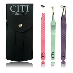 May include: A black case with the text "CITI Glamour" contains three angled tweezers in pink, green, and purple. The tweezers have textured handles and silver tips. Each tweezer has the "CITI" logo.