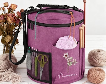 Personalised Oxford Cloth Round Yarn Storage Bag, Large Foldable Knitting Crochet Organizer, Custom Name & Flower, Gift for Mom,Mother’s Day