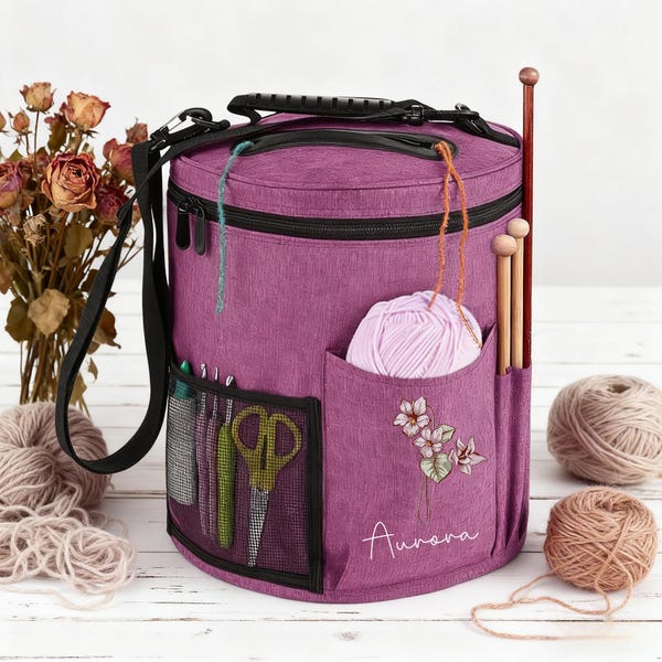Personalised Oxford Cloth Round Yarn Storage Bag, Large Foldable Knitting Crochet Organizer, Custom Name & Flower, Gift for Mom,Mother’s Day