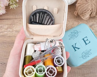 Personalised Sewing Kit, Portable All-in-One Sewing Box with Engraved Design, PU Leather Travel Sewing Set, Gift for Mum Grandma Beginner