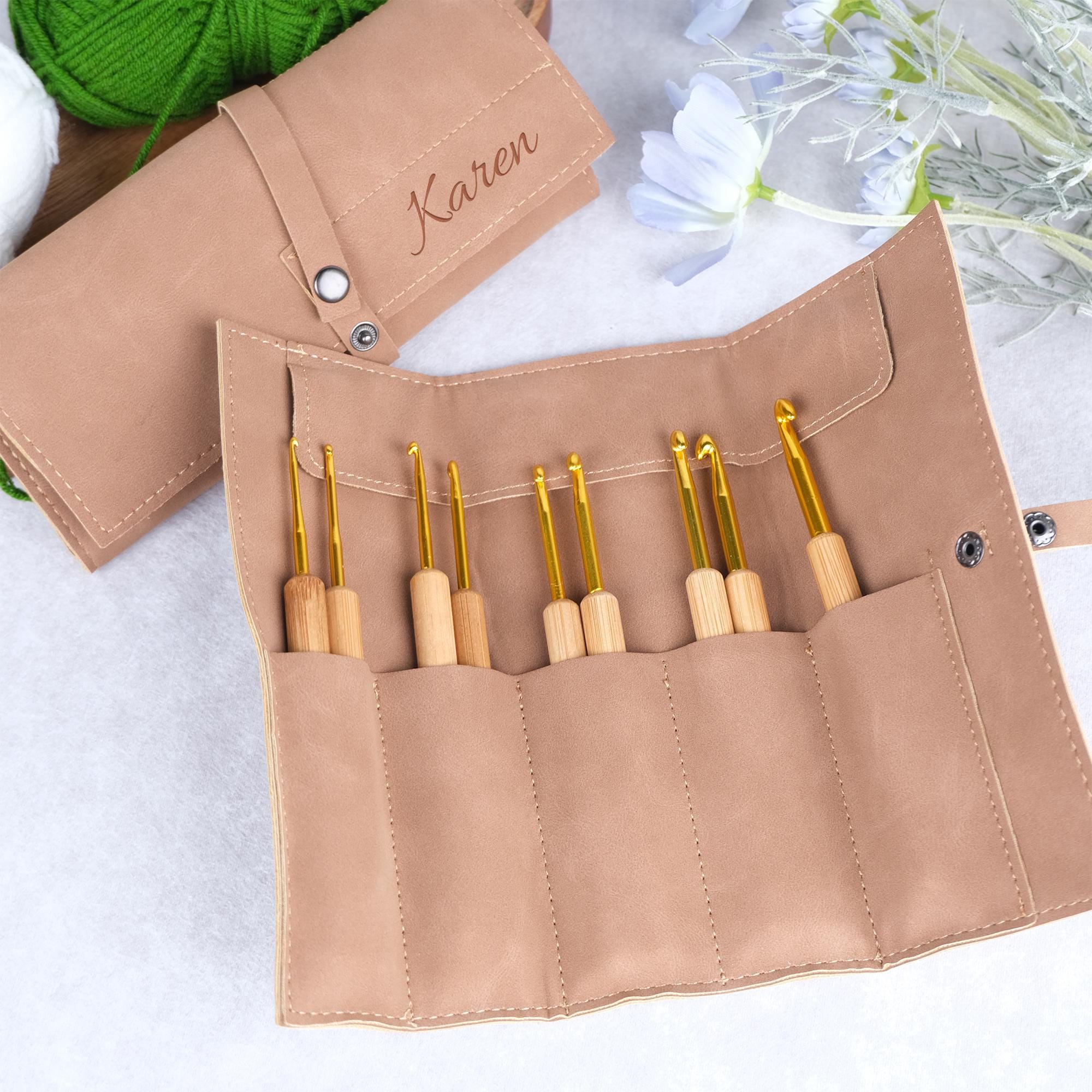 Personalised Crochet Hook Set, Custom Engraved PU Leather Roll, 9pcs Bamboo Hooks, Ergonomic Lightweight Kit, Gift for Crocheters,Travel Set