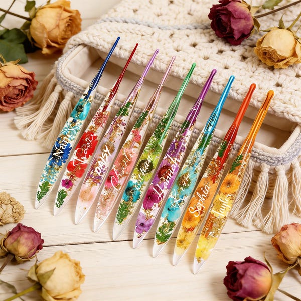 Personalisierte Aluminium Häkelnadel mit Blumen Harz Griff, Name, Leichte 18 cm Ergonomische Haken, 2 mm - 8 mm, Geschenk für Häklerinnen