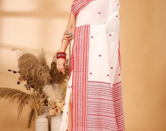 Vintage Handwoven Cotton Saree, Red White Ekkat Border