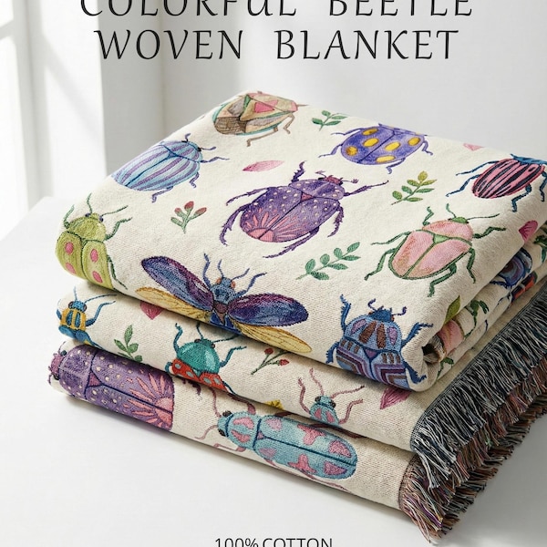 Colorful Beetles Woven Throw Blanket, Watercolor Insect Tapestry, Maximalist Bug Art, Nature Lover Gift