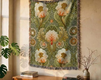 William Morris Floral Woven Blanket: Silk Embroidery Style, Green Botanical Tapestry