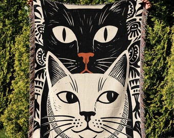Witchy Cat Woven Throw Blanket, Tarot Card Lovers Tapestry, Gothic Home Decor, Celestial Sun and Moon Bedding, Spiritual Cat Mom Gift
