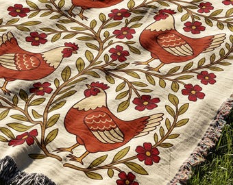 Folk Art Chicken Woven Blanket: Winding Vines, Red Blooms, Cottage Tapestry