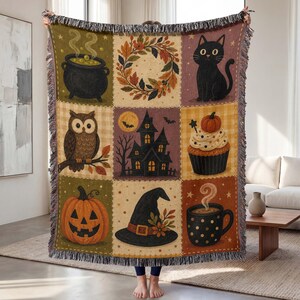 Nine-Panel Halloween Patchwork Cotton Throw, Witch Hat, Owl, Cauldron, Autumn Decor