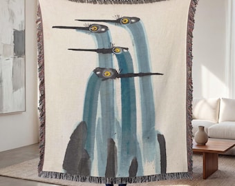 Abstract Crane Woven Blanket: Blue Brushstrokes, Japanese Bird Tapestry