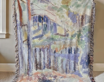 Woven Throw Blanket: Nordic Forest Lake Abstract Landscape Tapestry, Expressionist Art Decor