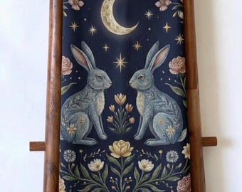 Celestial Rabbits Woven Blanket: Cottagecore Throw, Mystical Tapestry, Bunny Lover Gift