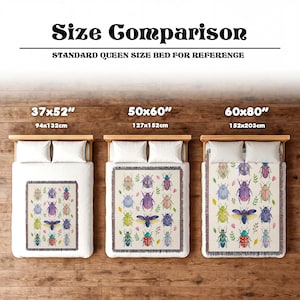 Puede incluir: Imagen comparativa de tres mantas con dise&ntilde;o de escarabajos, mostradas en camas. Las mantas miden 94x132cm, 127x152cm y 152x203cm. El texto "Size Comparison" y "STANDARD QUEEN SIZE BED FOR REFERENCE" est&aacute;n en la parte superior.