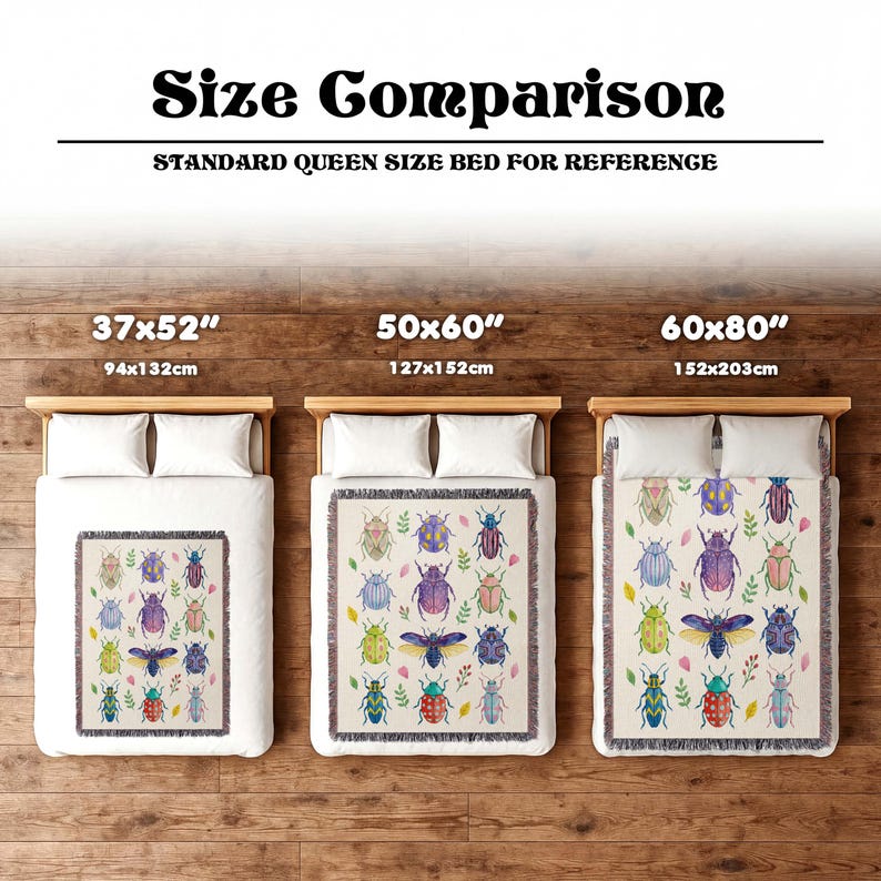 Puede incluir: Imagen comparativa de tres mantas con dise&ntilde;o de escarabajos, mostradas en camas. Las mantas miden 94x132cm, 127x152cm y 152x203cm. El texto "Size Comparison" y "STANDARD QUEEN SIZE BED FOR REFERENCE" est&aacute;n en la parte superior.