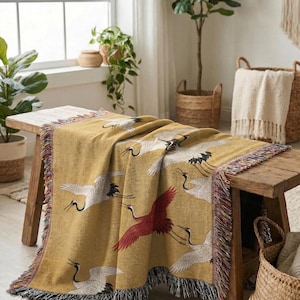 Japanese Crane Woven Blanket, Soaring Birds Tapestry Throw, Japandi Art Decor, Cotton Couch Coverlet zdjęcie 4