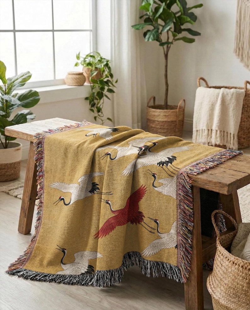 Japanese Crane Woven Blanket, Soaring Birds Tapestry Throw, Japandi Art Decor, Cotton Couch Coverlet zdjęcie 4