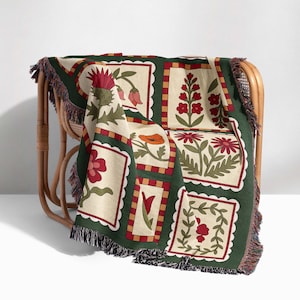 Gewebte Tagesdecke mit floralem Muster, schlichte geometrische Scheunendecke, gemütliche Landhaus-Tagesdecke, Geschenk für Naturliebhaberinnen, 100 % Baumwolle