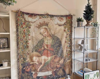 The Virgin Adoring the Christ Child Woven Blanket: 18th Century Art, Floral Border, Religious Tapestry