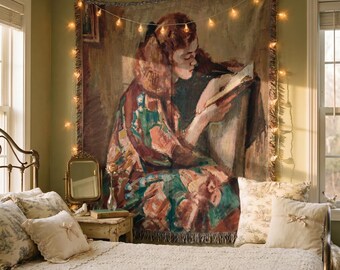 The Reader by Magnus Enckell Woven Blanket: Person Reading, Colorful Painting, Art Tapestry