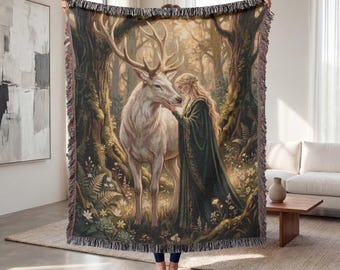 Woven Throw Blanket, Fairycore Forest Tapestry, Fantasy Wall Art, Cotton Room Decor