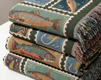 Manta tejida con estampado de trucha vintage: tapiz de pesca con mosca, ropa de cama para cabaña en el lago, decoración de sofá con peces de río, regalo para papá pescador