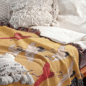 Japanese Crane Woven Blanket, Soaring Birds Tapestry Throw, Japandi Art Decor, Cotton Couch Coverlet zdjęcie 13