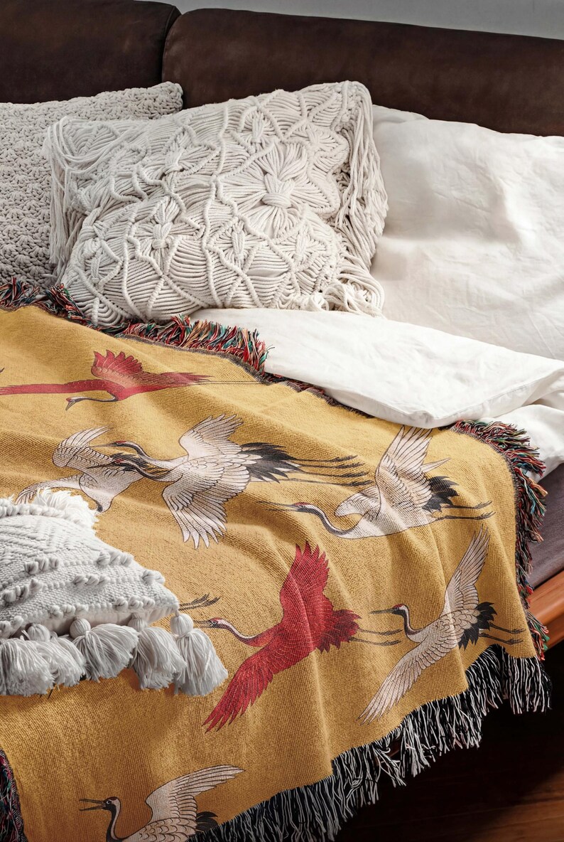 Japanese Crane Woven Blanket, Soaring Birds Tapestry Throw, Japandi Art Decor, Cotton Couch Coverlet zdjęcie 13