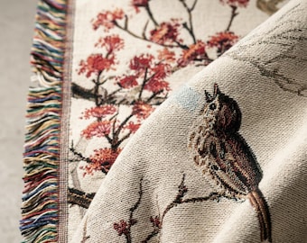 100% Cotton Chickadee Bird Woven Blanket, Woodland Wildlife Tapestry Throw
