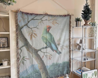 Vintage Bird Art Woven Blanket: Green Parrot, Tree Branch, Botanical Tapestry