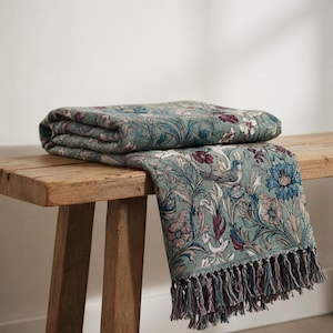 William Morris Style Throw Blanket: Victorian Botanical Cotton Tapestry, Cottagecore home Decor