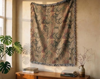Abstract Geometric Woven Blanket: Vintage Pattern, Earth Tones Tapestry